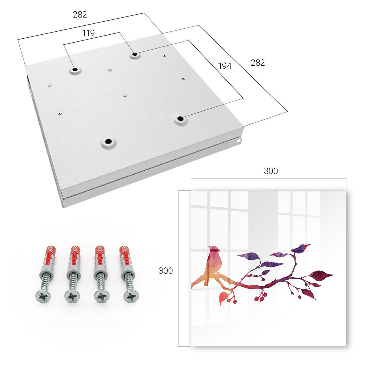SCHLÜSSELBOX Weiß 30x30 cm – Türöffnung nach rechts - Ein Ast mit einem Vogel - Rot, Metall (30/30/5cm) - TULUP