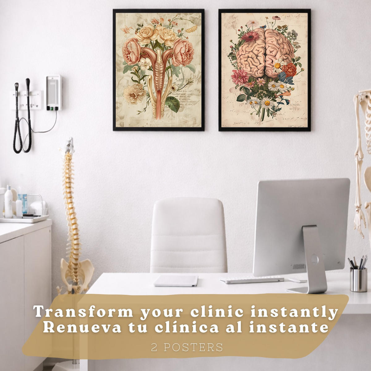 POSTER Set aus 2 Weibliche Anatomie Drucke und Wandbilder mit Gehirn und Gebärmutter Botanischer Retro Vintage Floraler Stil Größe Schwarzer Rahmen A4 - Schwarz, Papier (21/29.7/3cm) - Nacnic