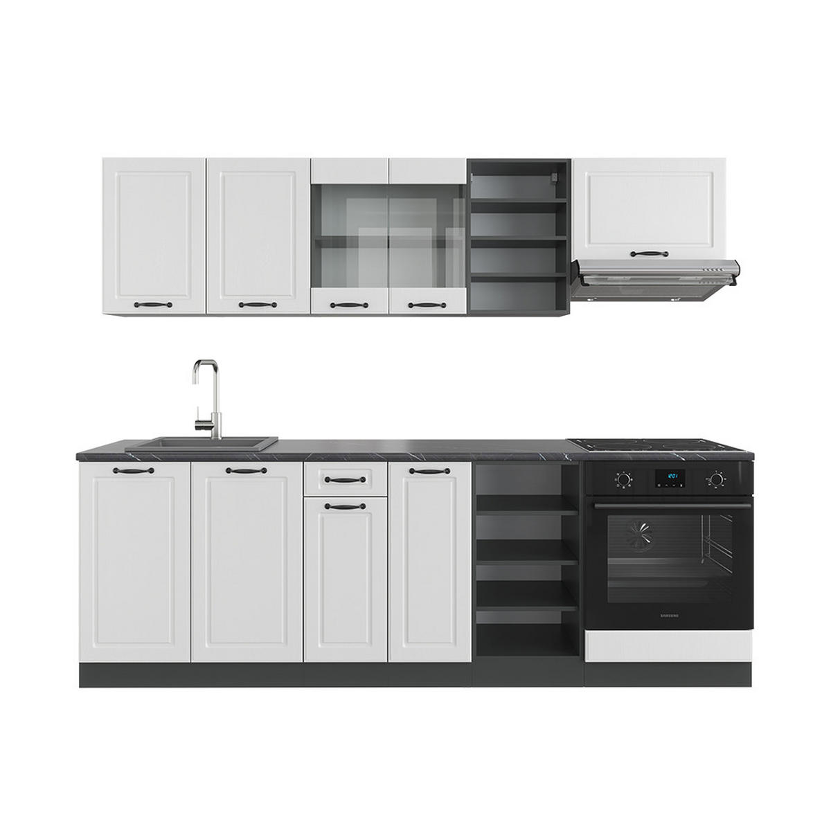 KÜCHENZEILE R-Line Weiß Landhaus/Anthrazit 240 cm, AP Anthrazit - Anthrazit/Creme, Holzwerkstoff (240/81.6/60cm) - Vicco