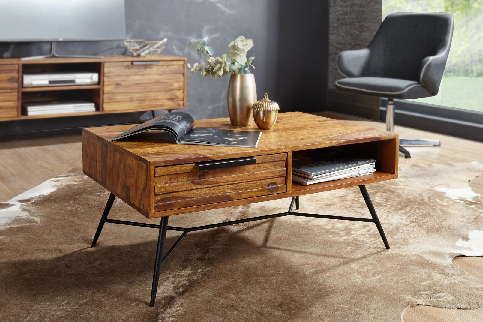 Thumbnail - Kadima Design Couchtisch, Braun, Metall, Echtholz,Sheesham, 1 Schubladen, Rechteckig,Rechteckig, Stativgestell, 87x41x55...
