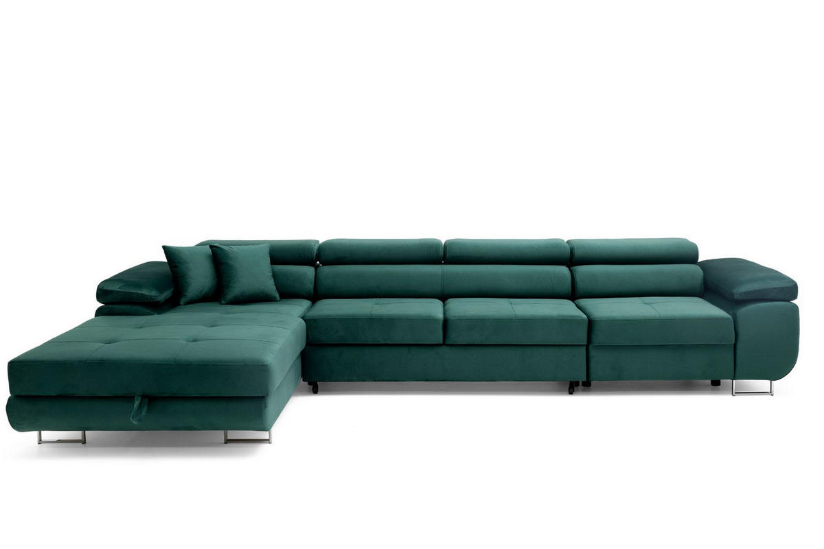 ECKSOFA ALONZO MAXI Links mit Schlaffunktion 125x195 Velours Grün - Silberfarben/Grün, Holz/Textil (350/203cm) - Muffo