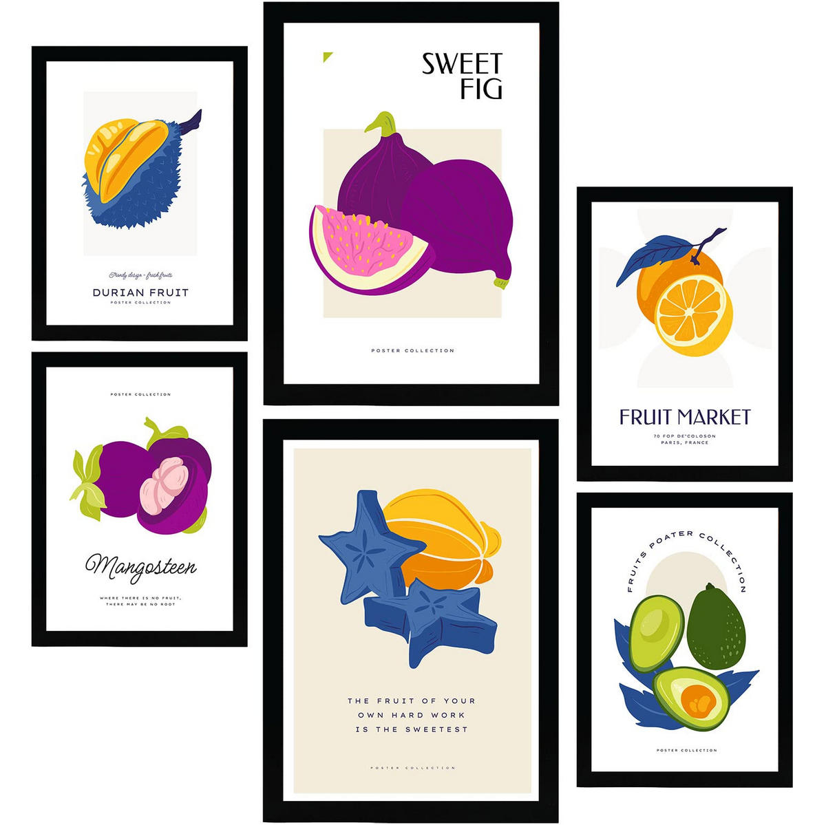 POSTER Set Mit 6 Fruchtcollage Größe A3 & A4 Schwarzer Rahmen - Schwarz, Papier (29.7/1cm) - Nacnic