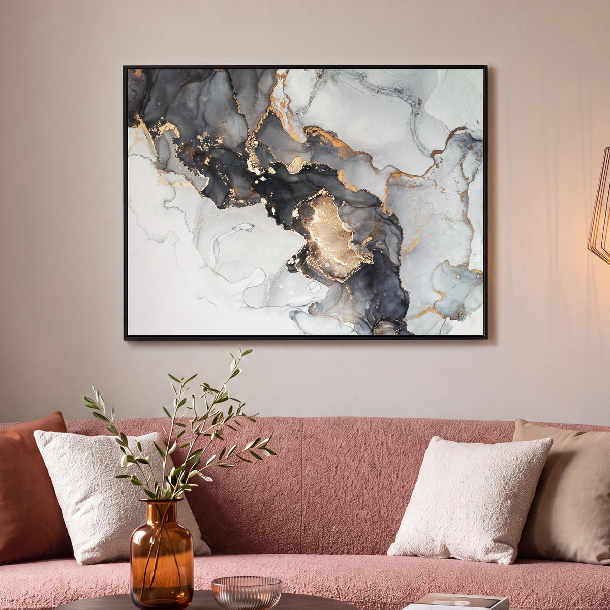 LEINWAND Bilder mit Rahmen - Marmor - Schwarz - Weiß - Gold - Luxus - Abstrakt - 100x70 - Goldfarben, Textil (100/70cm) - MuchoWow