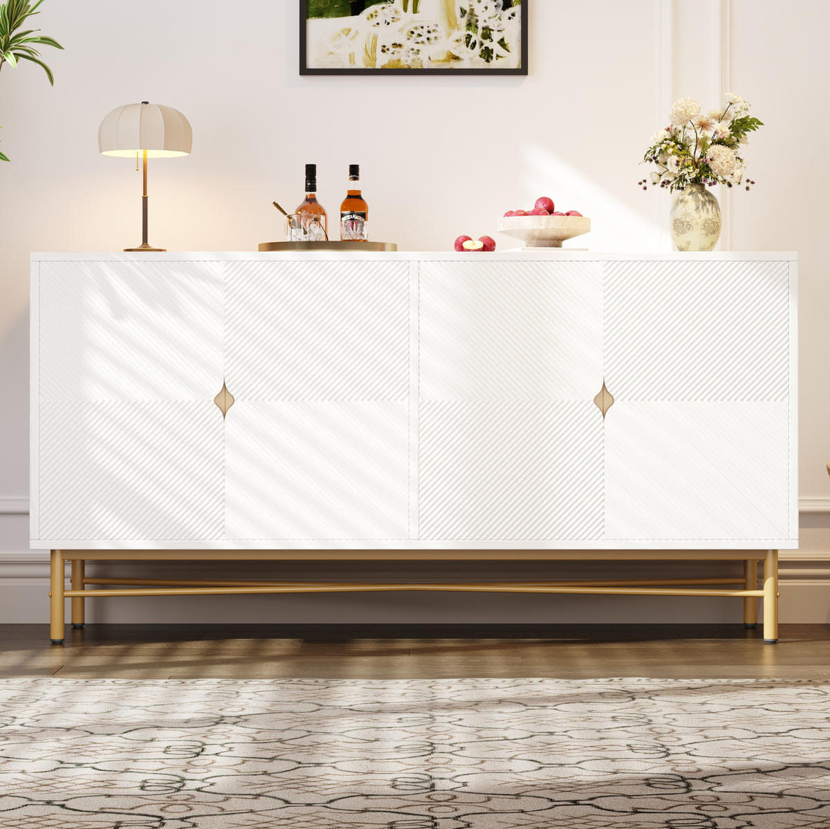 SIDEBOARD 160/40/82 cm mit 4 Türen in Weiß mit Strukturfronten & goldfarbenen Details - Weiß, Holzwerkstoff (160/82/40cm) - BEAOK