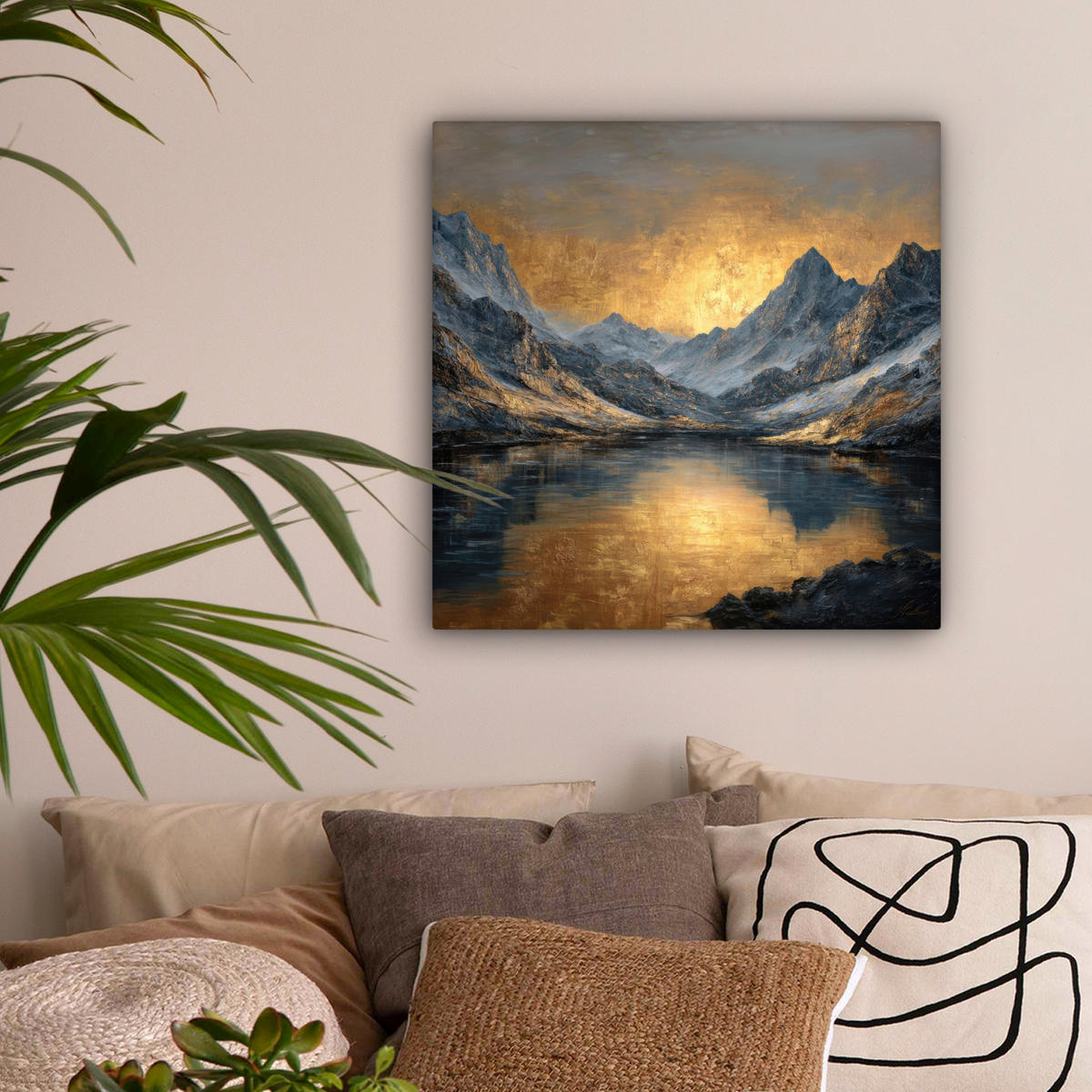 LEINWANDBILD Bergkulisse mit goldenem Sonnenuntergang Wandbild Wohnzimmer 50x50 cm - Goldfarben, Textil (50/50cm) - MuchoWow