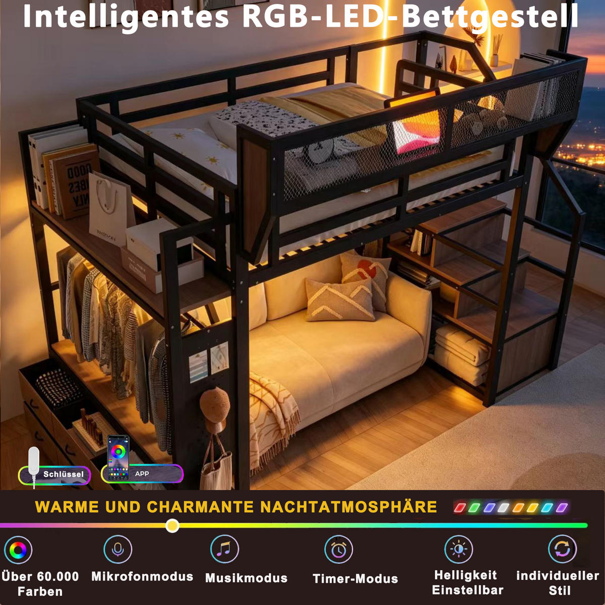 HOCHBETT 140/200 cm in Schwarz mit Stauraum, LED und Ablagen - Schwarz, Holzwerkstoff/Metall (140/200cm) - STILVORA