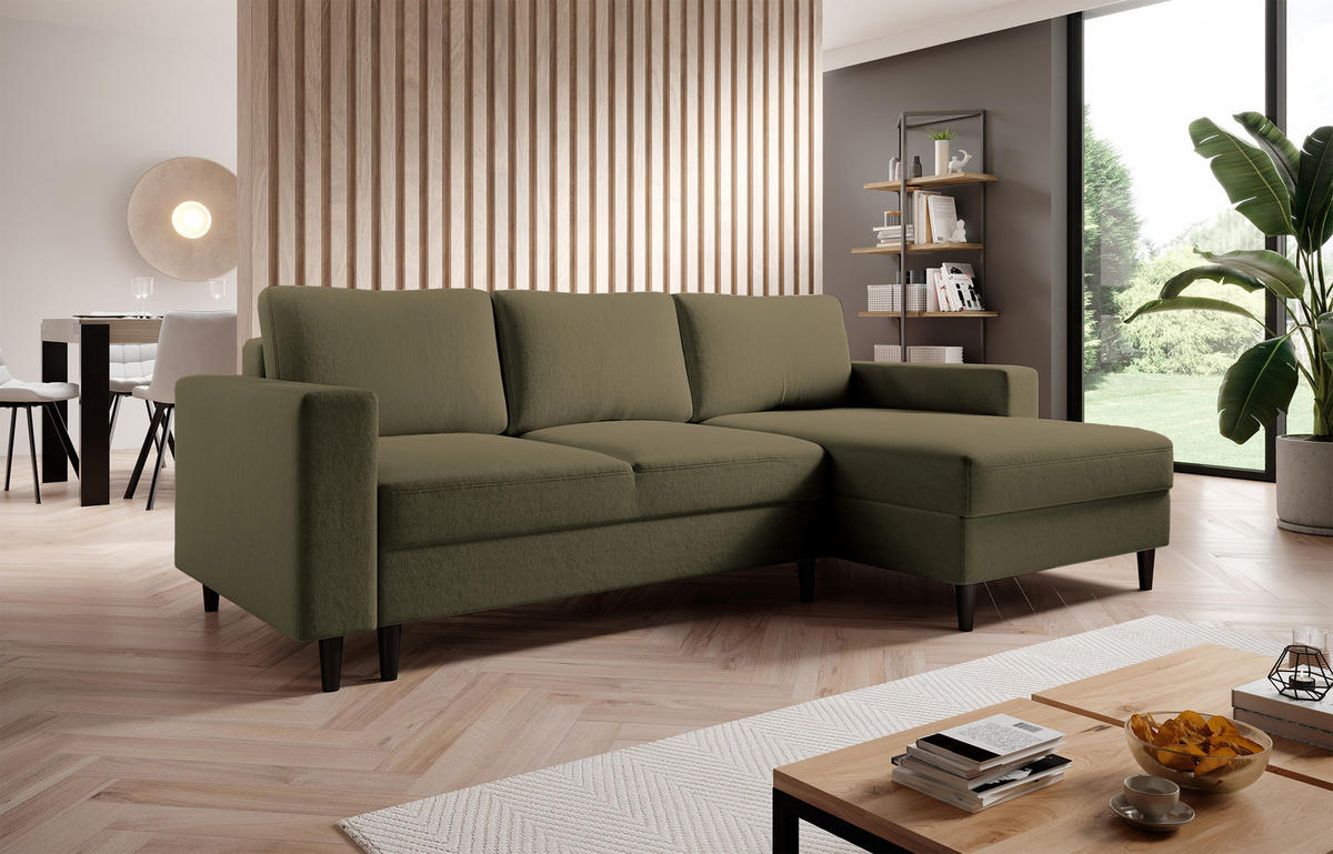 ECKSOFA Nalika Olivgrün Velours - Schwarz/Olivgrün, Holz/Textil (230/143cm) - Selsey
