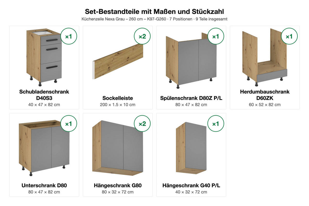 KÜCHENZEILE Nexa Grau – 260 cm – K97-G260 - Schwarz/Grau, Holzwerkstoff/Metall (260/212/52cm) - ROYAL24_MARKT