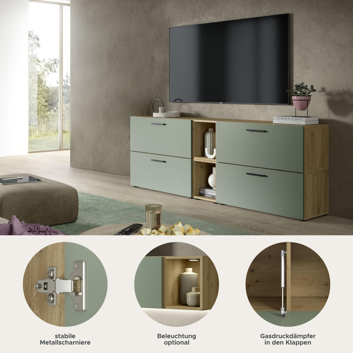 WOHNWAND The One Smoke Green 176/34/67 cm - Braun, Holzwerkstoff (176/67/34cm) - Xonox