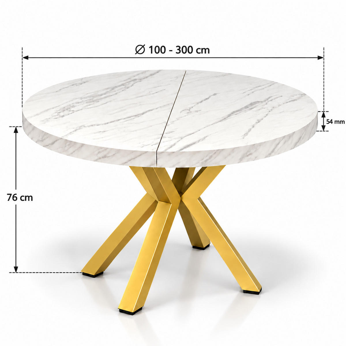 ESSTISCH rund ausziehbar 100/300/76 cm, Marmor, 54 cm Tischplatte + X Metallbeine Gold - Goldfarben/Hellgrau, Holzwerkstoff/Metall (100/300/76cm) - Damale Möbel