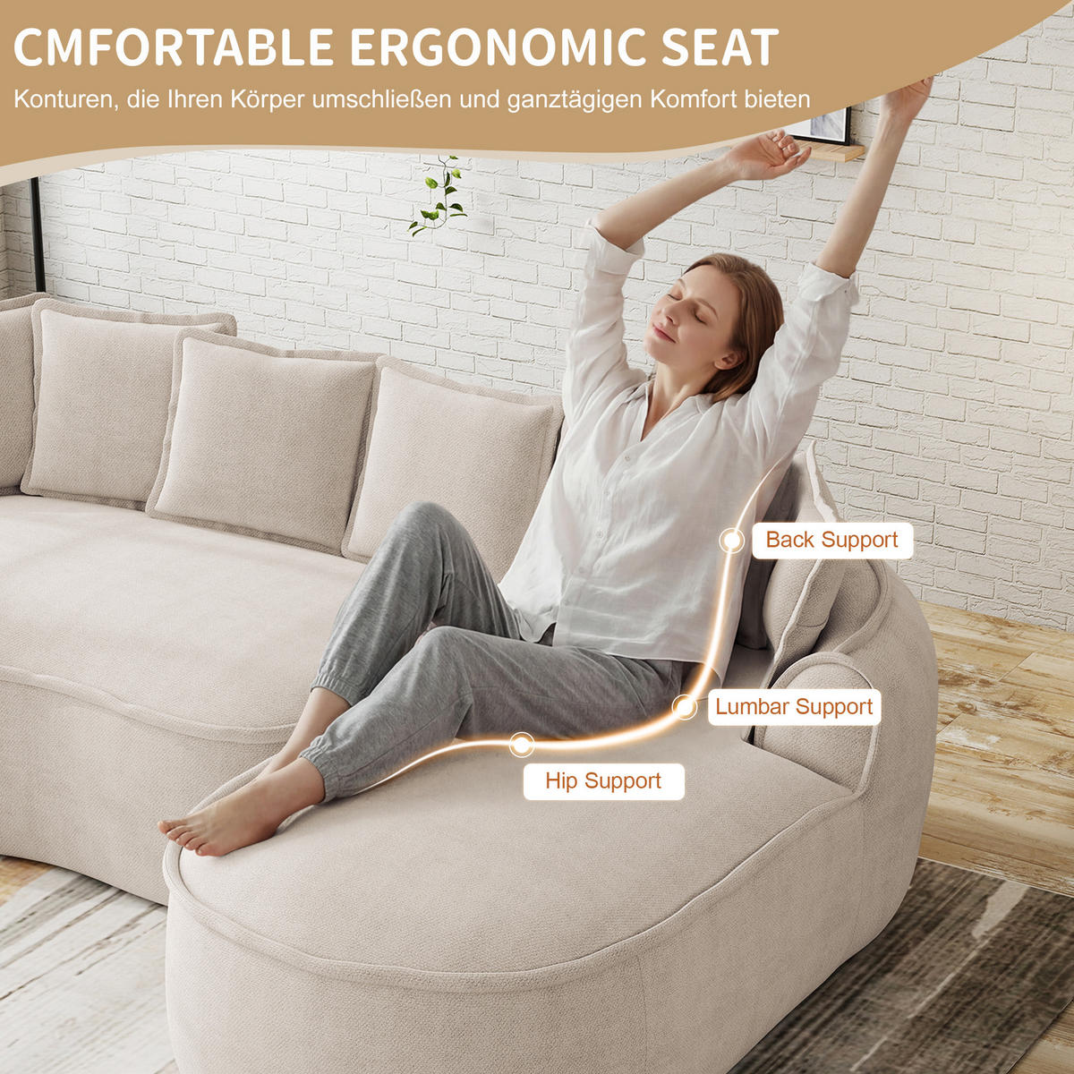 ECKSOFA chenille mit extra tiefer chaiselongue & rahmenlosem design - Hellbraun, Textil (252/164cm) - Urban Meuble