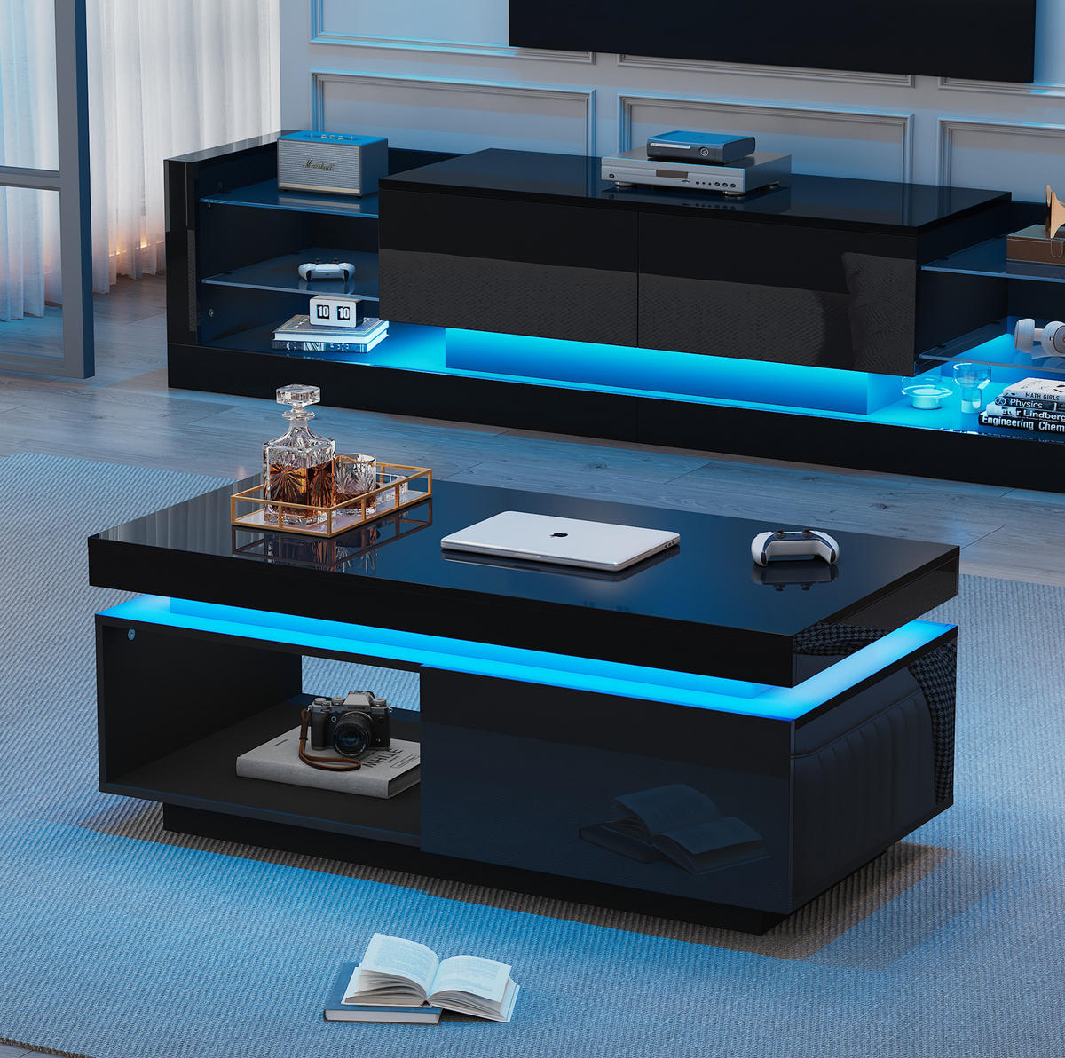 OBÝVACÍ sestava z dřevotřísky 181x38x38 cm černá s LED osvětlením, TV skříňkou a konferenčním stolkem - černá, kompozitní dřevo (100/50/40cm) - Modfu