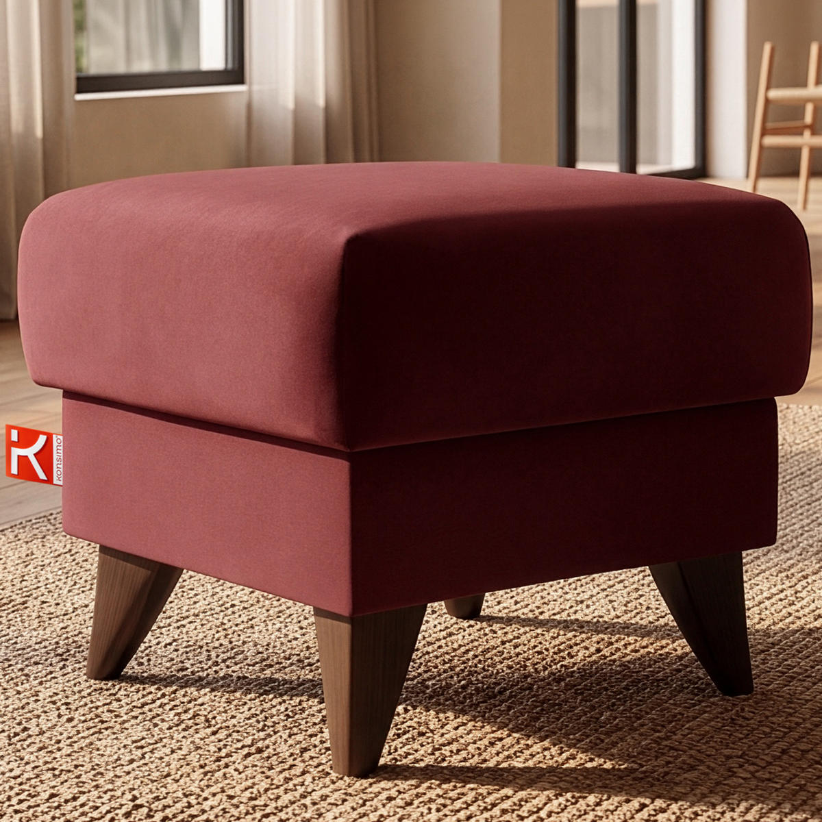 HOCKER GUSTAVO Fußstütze, Velours, Bordeaux - Bordeaux, Holz/Holzwerkstoff (53/49/53cm) - KONSIMO®