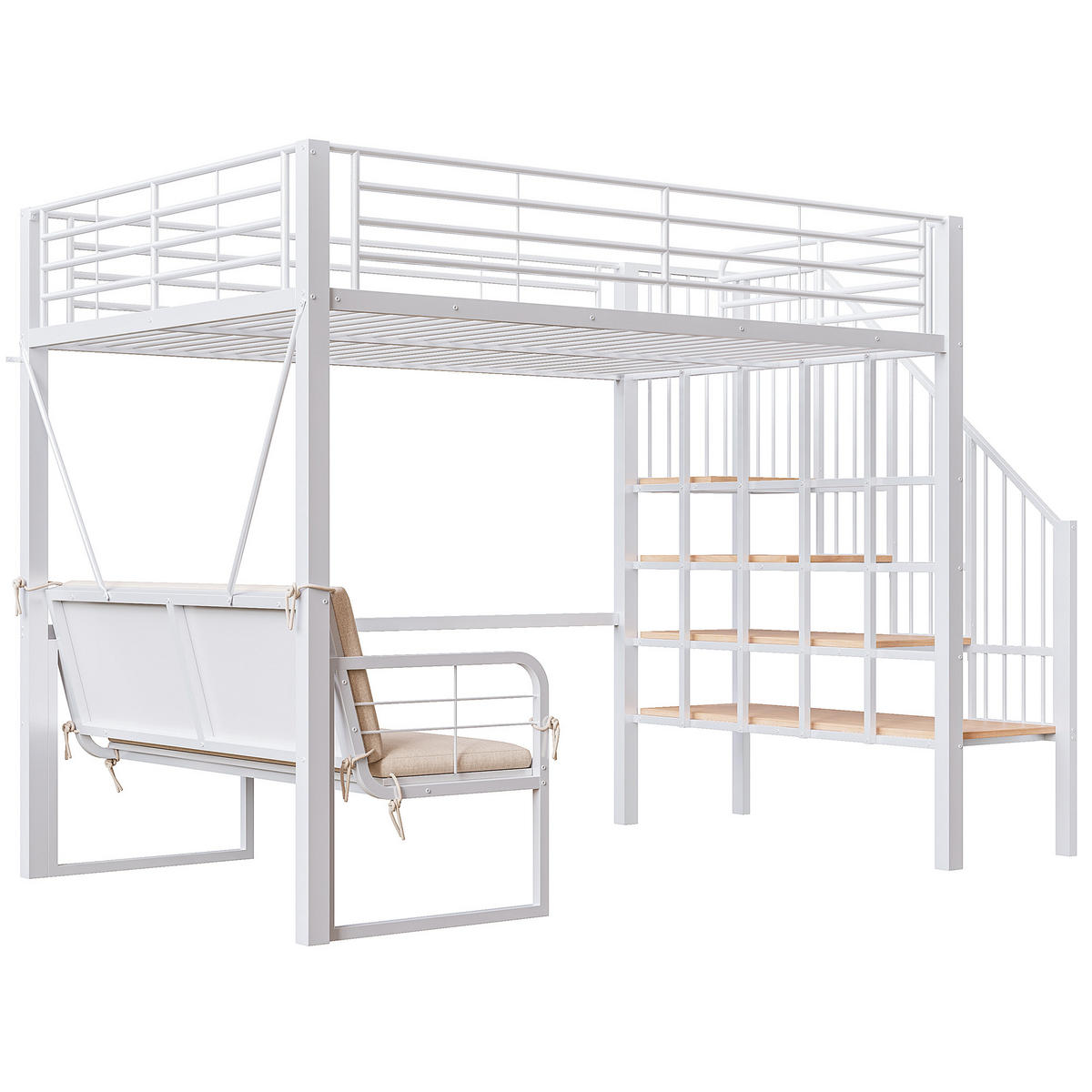 HOCHBETT 140/200 cm DE-01525, in Weiß, mit Polstersofa, Stauraum und Sicherheitstreppe - Weiß, Metall (140/200cm) - ComfortXL