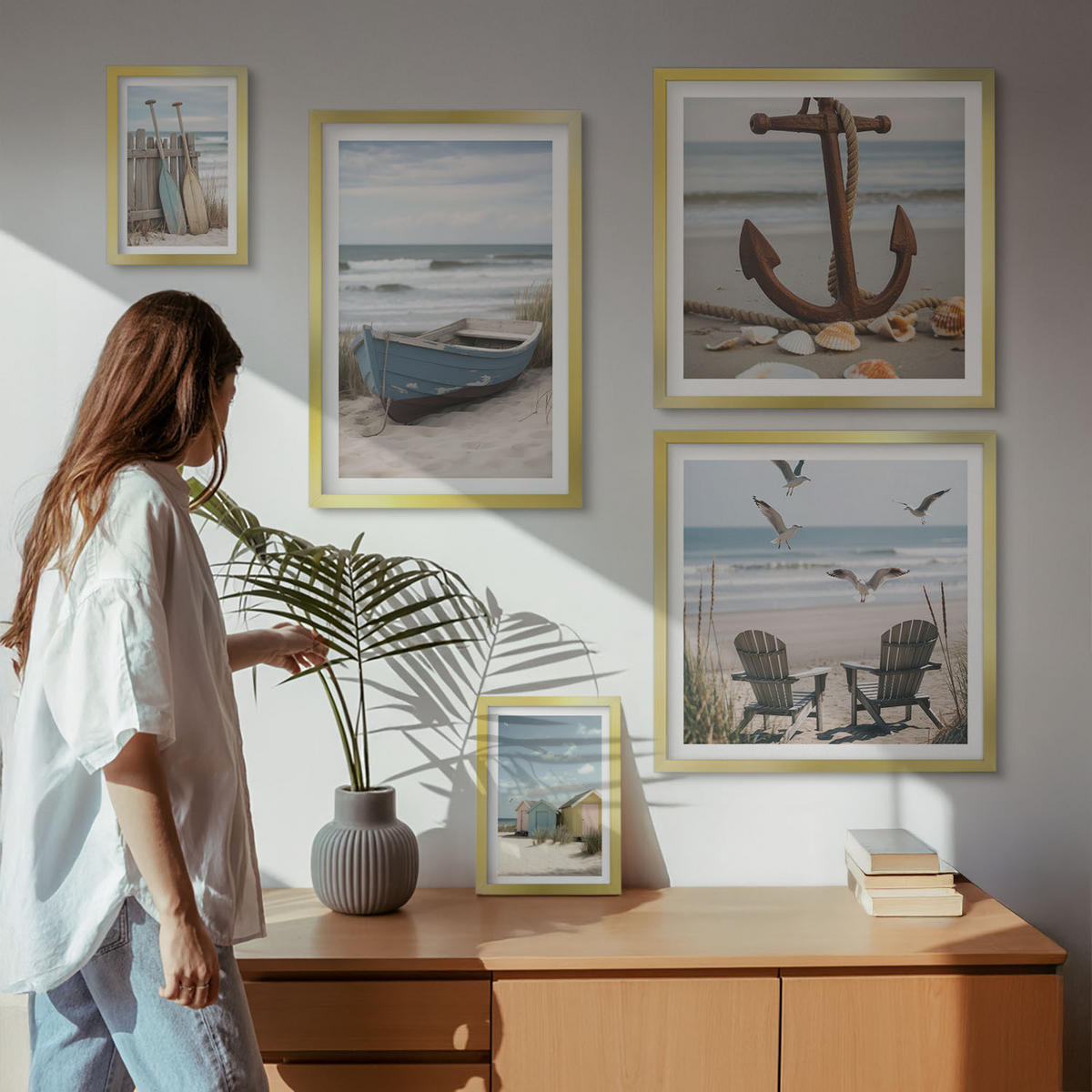 BILDER SET 5er Set - 50x50 cm & 20x30 cm & 40x60 cm Goldrahmen - Abstrakte Pflanzenmotive - Goldfarben, Kunststoff (40/60cm) - TULUP