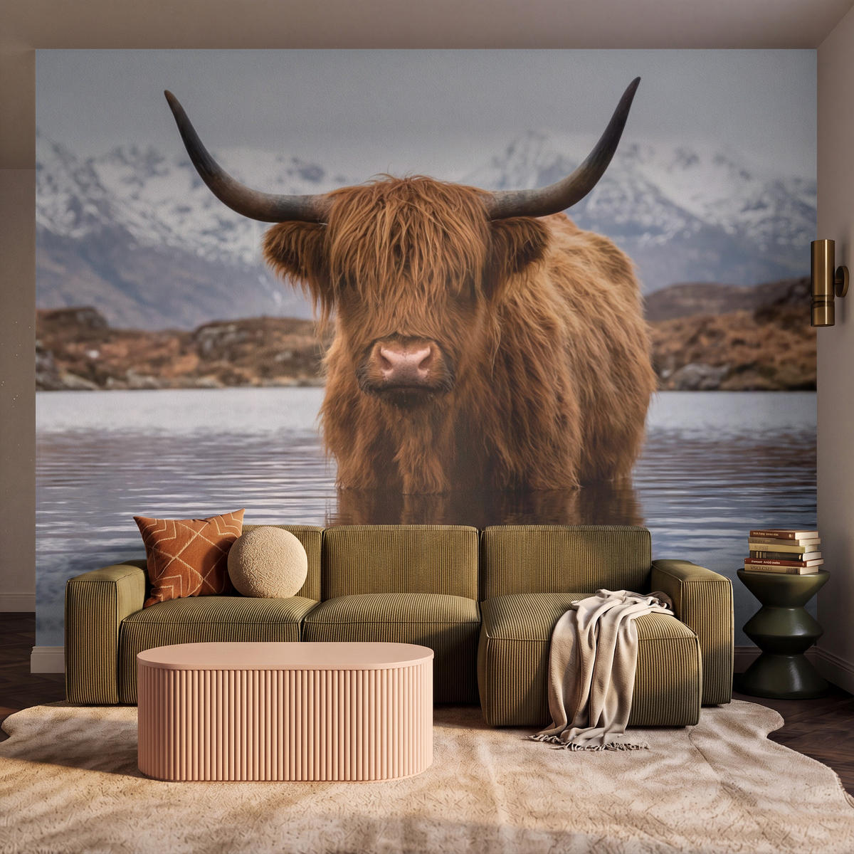 TAPETE - Schottischer Hochländer - Braun - Wasser - 300x240 cm - Braun, Papier (300/240cm) - OnlyWow