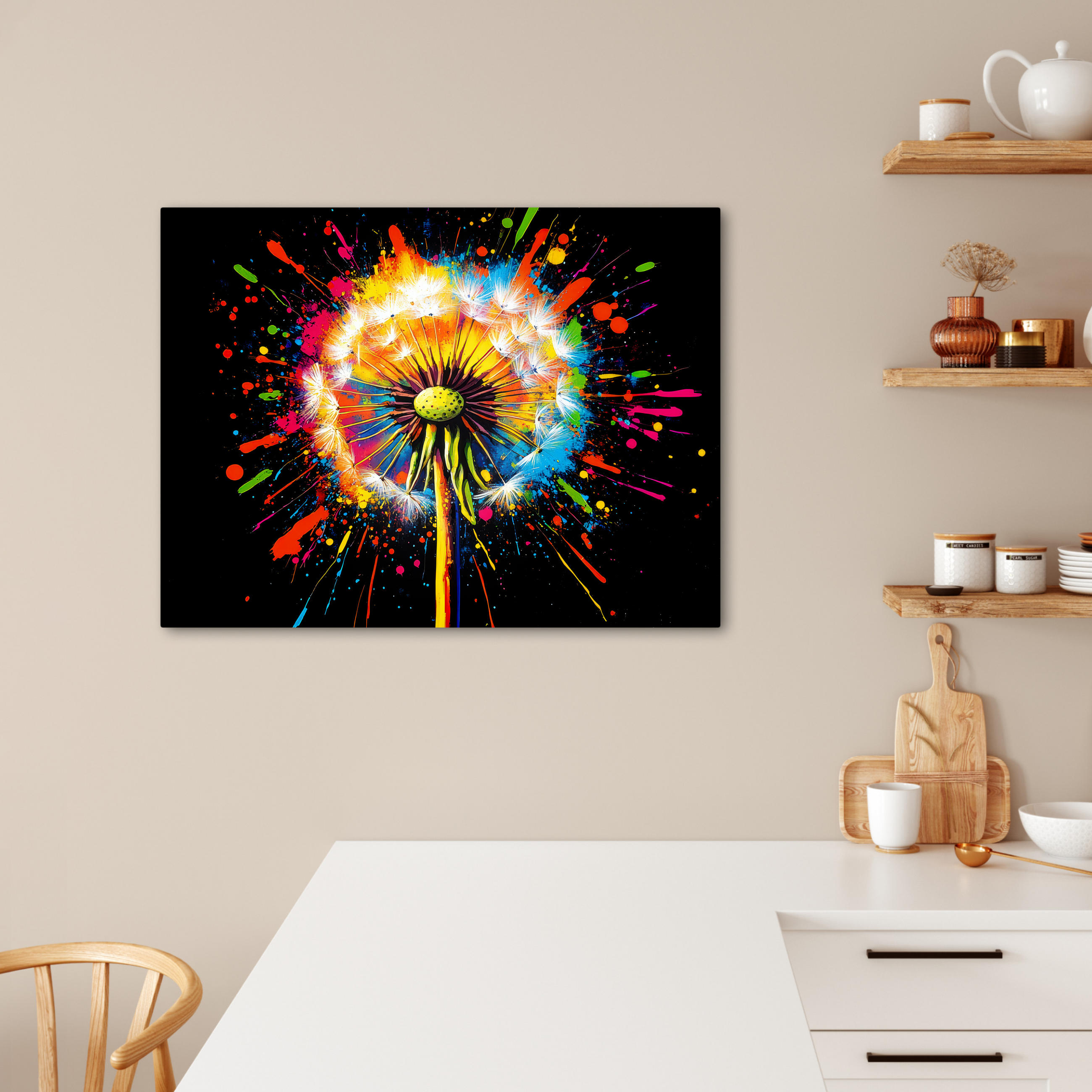 LEINWANDBILD Löwenzahn - Graffiti - Farbenfroh - Blumen - Natur Wandbilder 80x60 cm - Multicolor, Textil (80/60cm) - MuchoWow