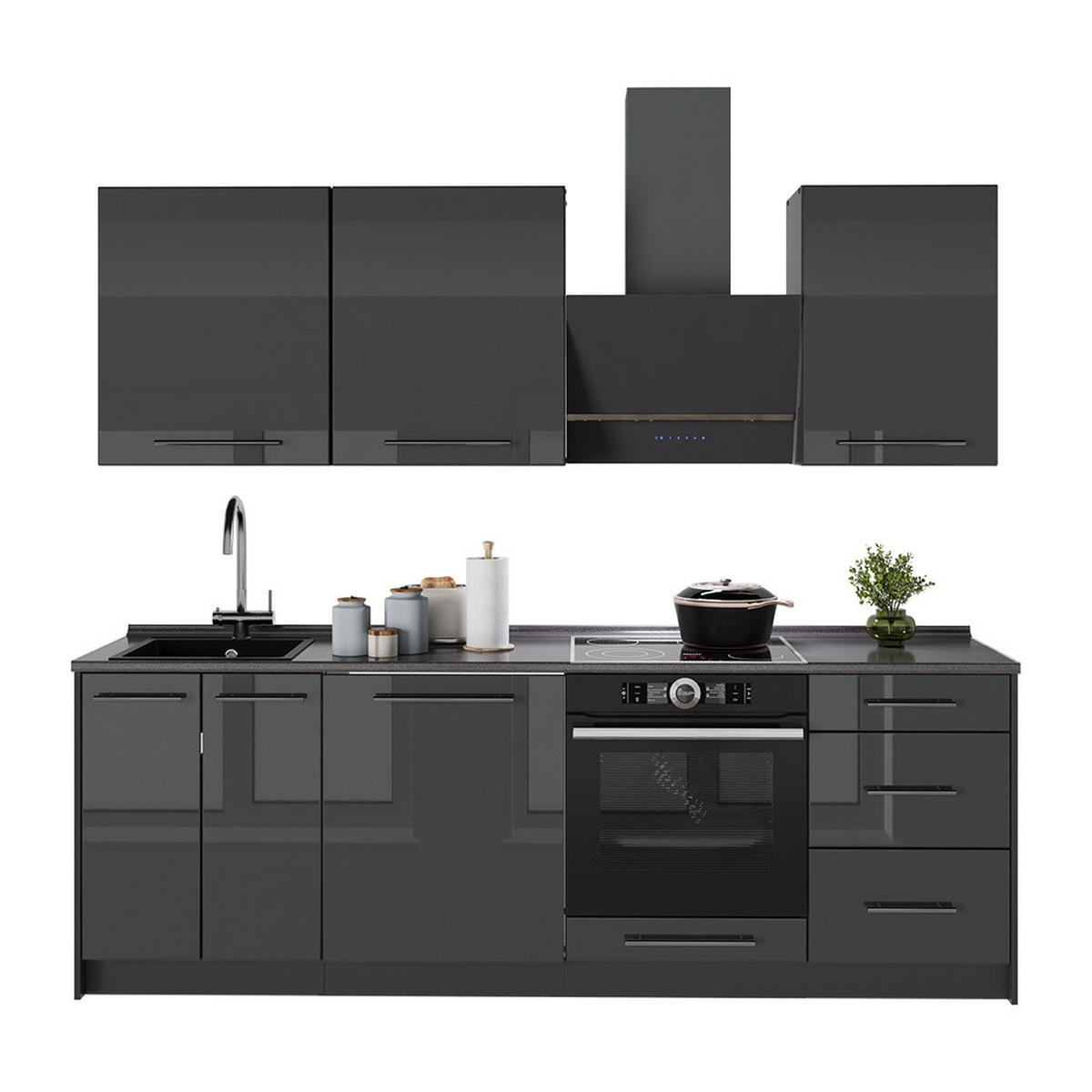 KÜCHENZEILE Fame-Line, Anthrazit Hochglanz/Anthrazit, 230 cm, AP Eiche - Schwarz Hochglanz/Anthrazit, Holzwerkstoff (230/82/60cm) - Vicco