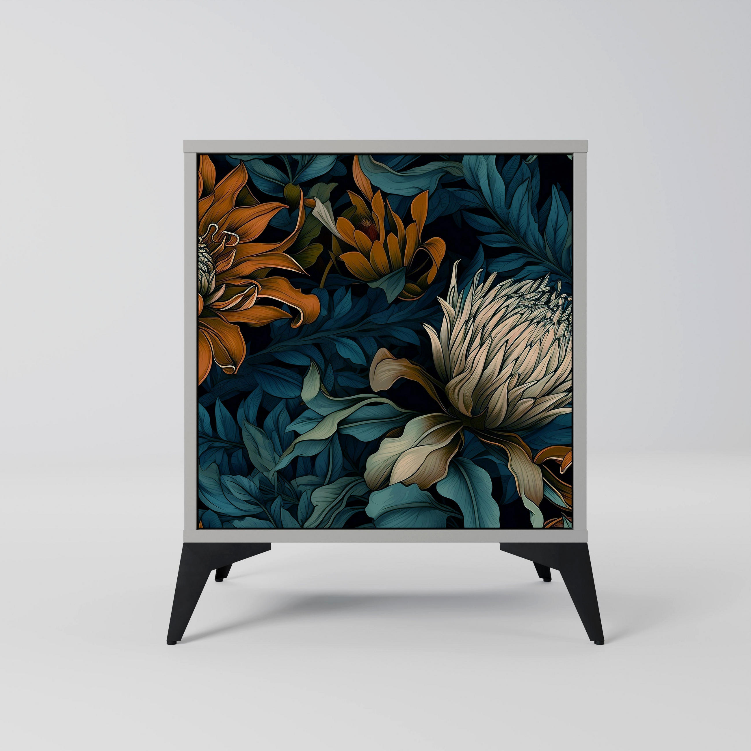 SIDEBOARD MORNING BLOOM, Grau, 57,5x42x70,5 cm, Schwarze Metall-Sternfüße - Multicolor/Schwarz, Holzwerkstoff/Metall (57.5/70.5/42cm) - SpaceRebels