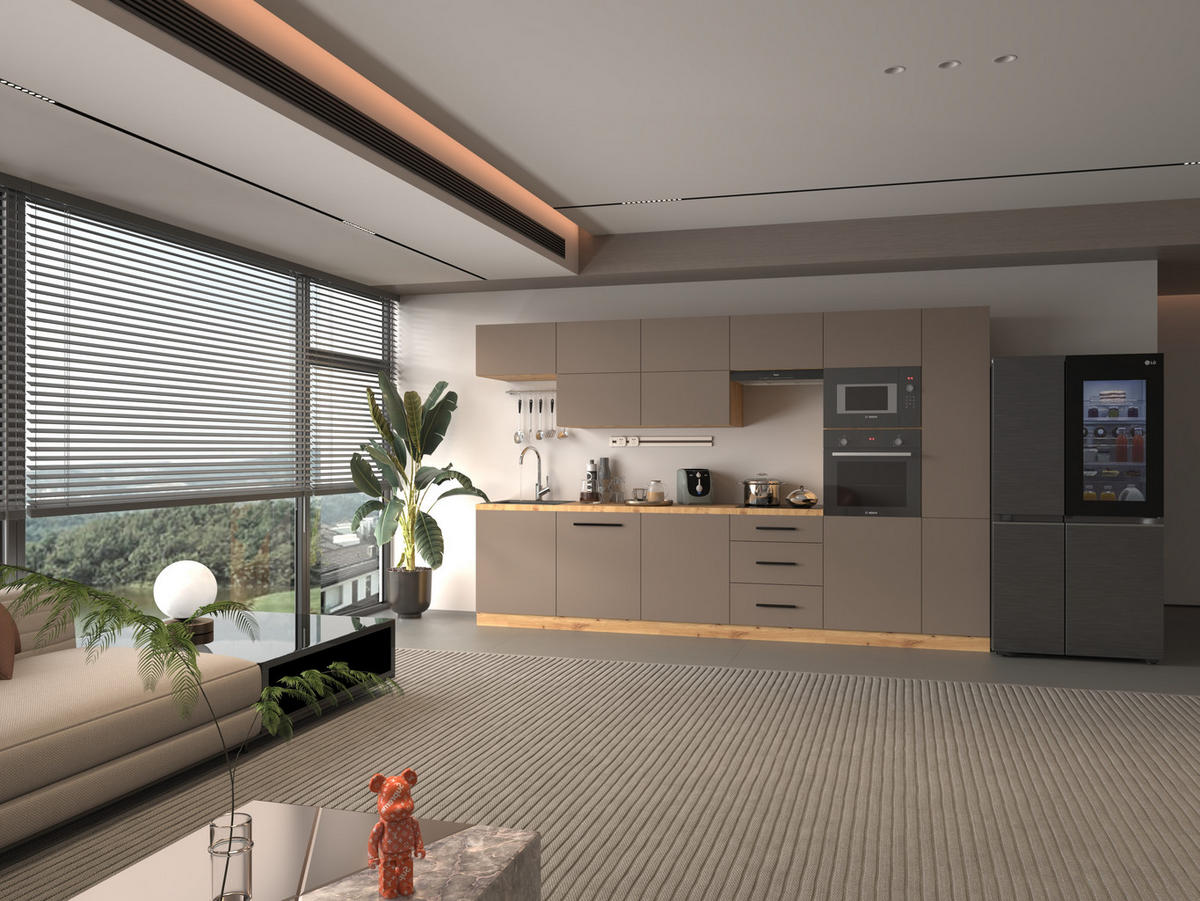 KÜCHENZEILE 240 - Langen KL3-M340 in Beige/Matt - Beige/Schwarz, Holz (340/212/58cm)