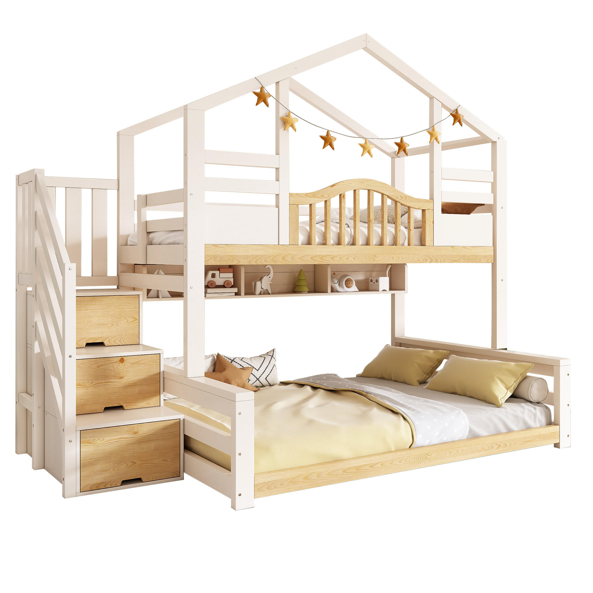 ETAGENBETT 90/200 cm & 140/200 cm in Weiß & Holzfarbe mit Treppenschrank und Regalen - Weiß, Holz/Holzwerkstoff (140/200cm) - WISHDOR