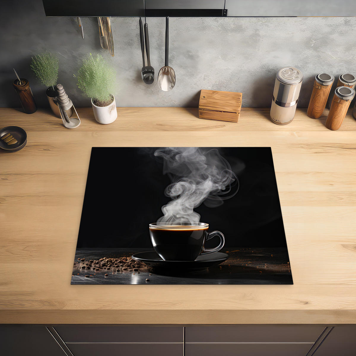 HERDABDECKPLATTE Kaffee - Schwarz - Bohnen - Heiß - Tasse Abdeckung Ceranfeld 59x51 cm - Schwarz, Kunststoff (59/51/0.2cm) - MuchoWow
