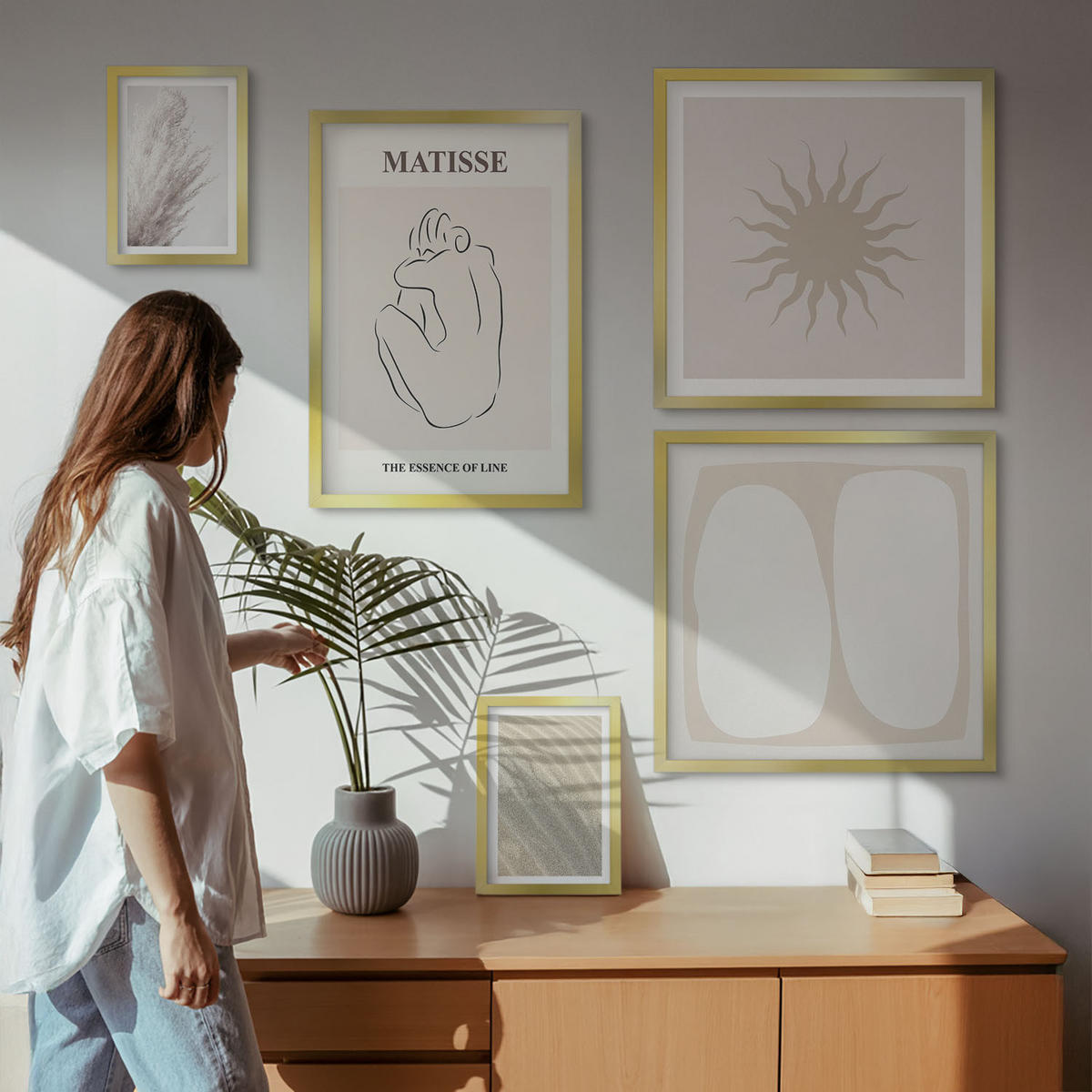 BILDER SET 5er Set - 50x50 cm & 20x30 cm & 40x60 cm Goldrahmen - Minimalistische Sandwellen - Goldfarben, Kunststoff (40/60cm) - TULUP