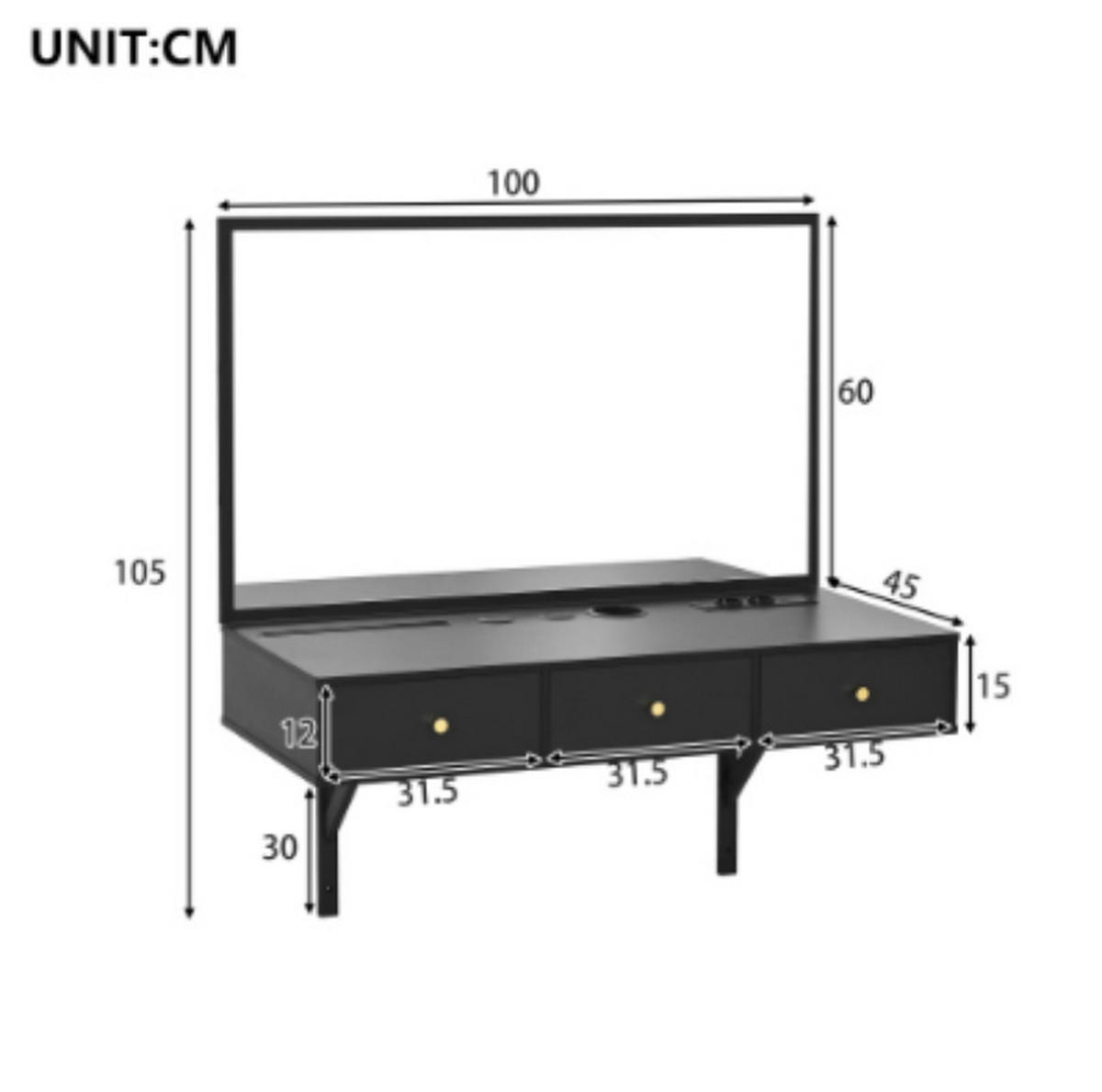 SCHMINKTISCH mit Spiegel, Steckdose und Ablageflächen, schwarz, 100 × 105 × 45 cm - Schwarz, Holzwerkstoff (45/105/100cm) - Vallsero