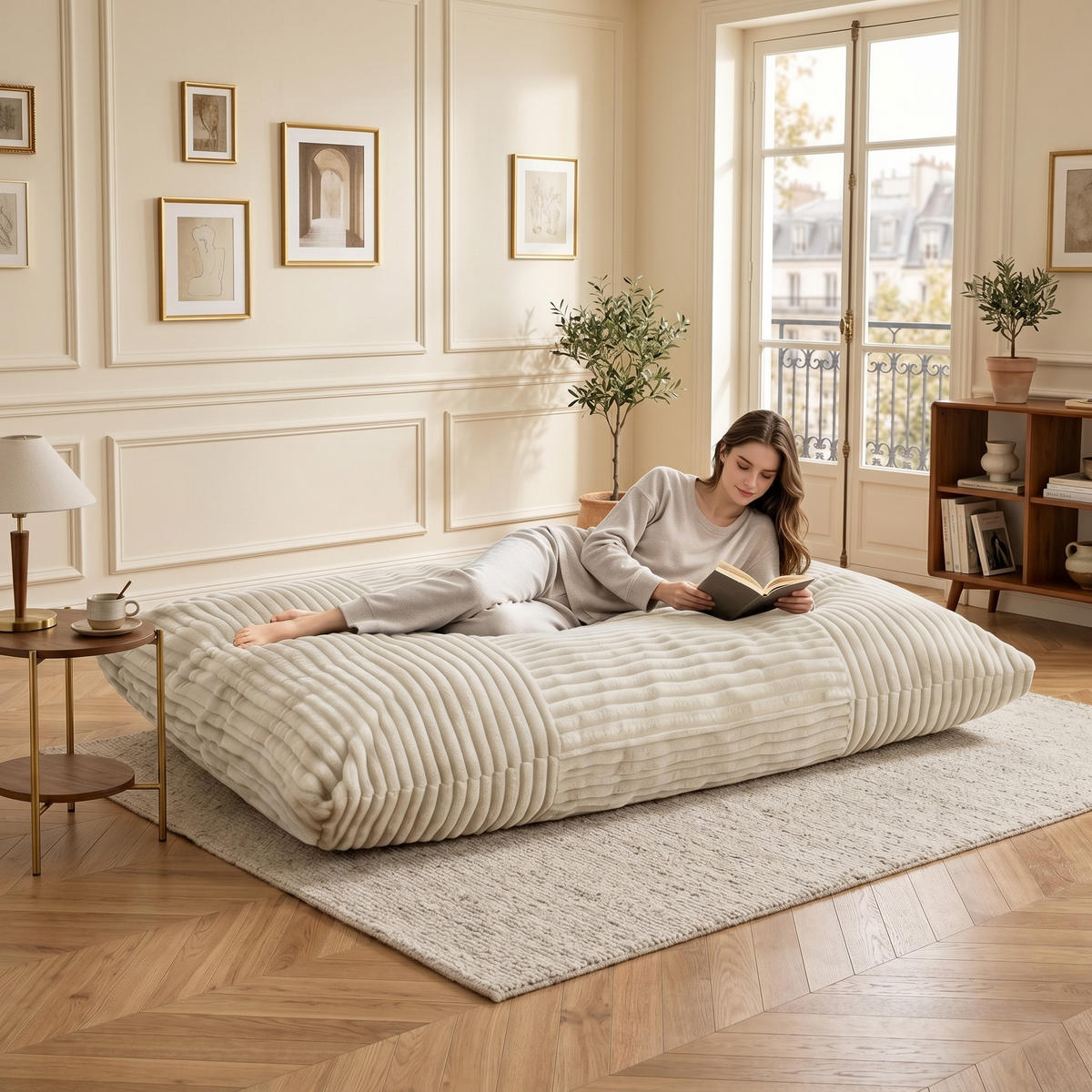SITTSÄCK XXL 3-I-1 i Manchester som Fåtölj, Soffa och Säng - Vit, Textil (180/25/125cm) - Urban Meuble