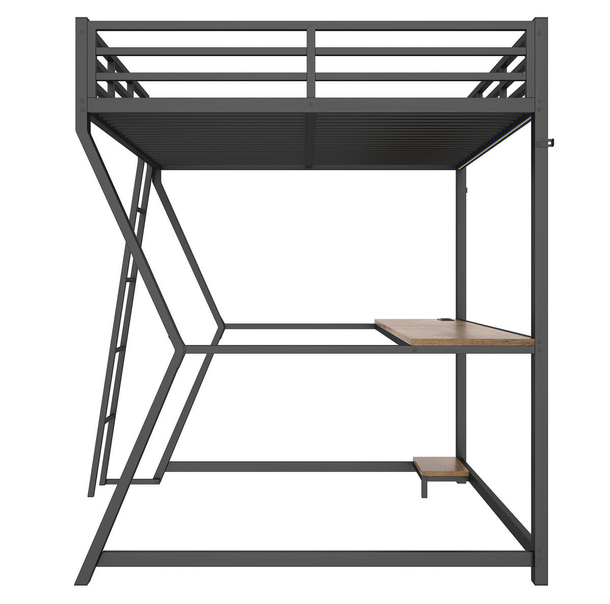 HOCHBETT aus Metall 140x200 cm Schwarz mit Schreibtisch, LED-Beleuchtung, USB-Anschluss, Steckdose und Treppe - Schwarz, Metall (140/200cm) - Modfu