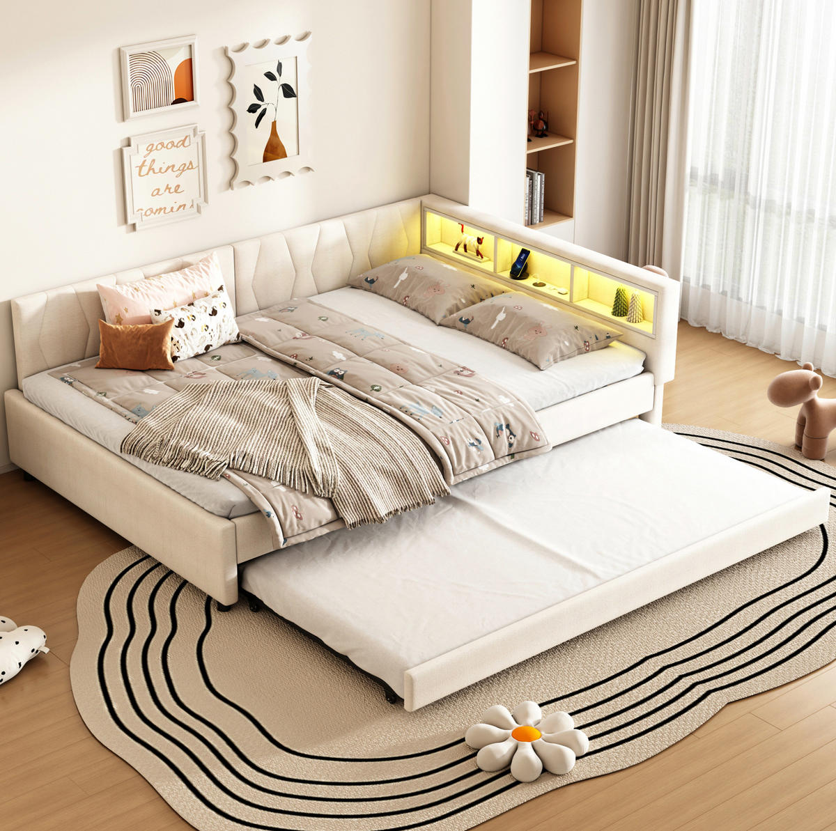 DENNÍ postel 140/200 cm béžová z lnu a MDF s USB-C nabíjením, LED světlem a úložným čelem - béžová, textil (140/200cm) - OKWISH