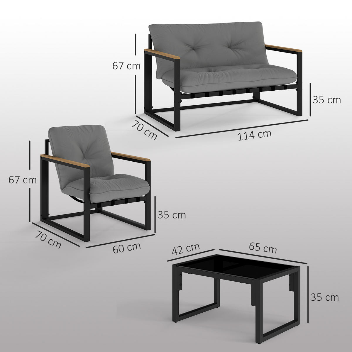 GARTENLOUNGE-SET 4-teilig DE-13425 2 Sessel + Sofa mit Tisch Grau - Hellgrau, Metall - ComfortXL