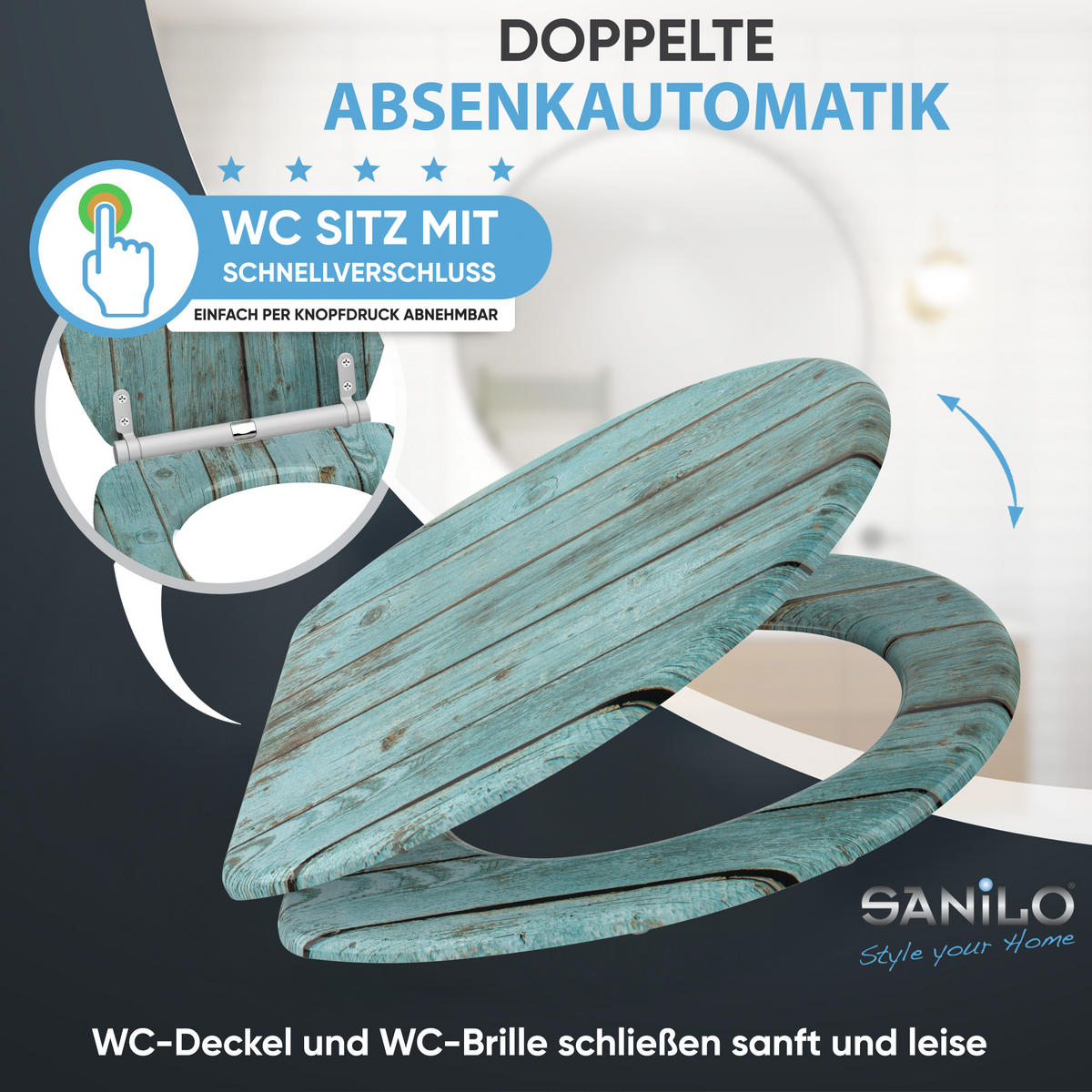 WC-SITZ mit Absenkautomatik & Top Fix Lumber - Türkis, Holzwerkstoff (37.7/5.5/48cm) - Sanilo