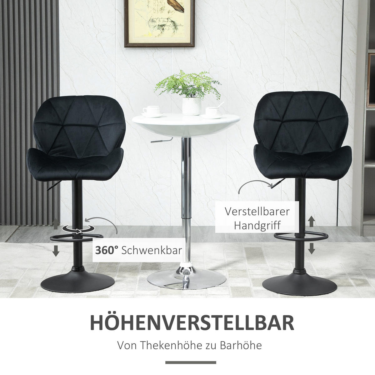 BARHOCKER, Samtartiges Polyester Schwarz - Schwarz, Kunststoff (57.5/93/51.5cm) - HOMCOM