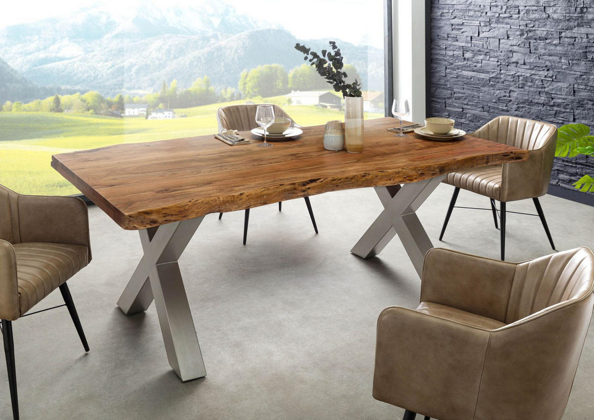 BAUMTISCH Akazie 180x90x77 Akazie natur lackiert / X-Beine silber matt FREEFORM 5 - Silberfarben/Naturfarben, Holz (180/90/77cm) - Massivmoebel24