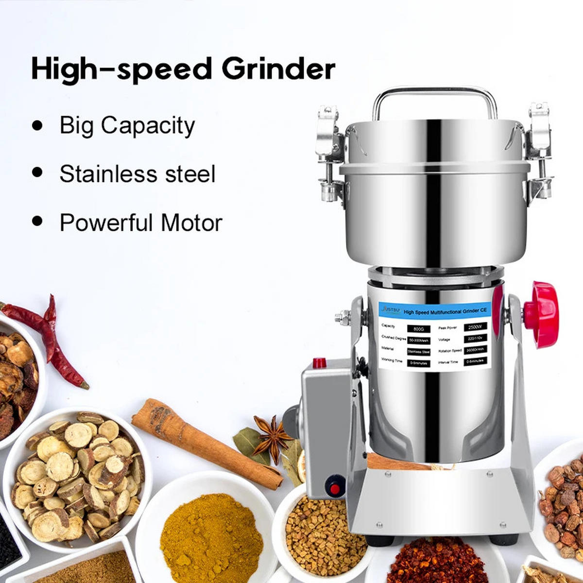 GETREIDEMÜHLE 800G 3000W Kräuter Kaffee Gewürze Trockenmühle - Silberfarben, Metall (13.5/37/15.5cm) - Bextcok