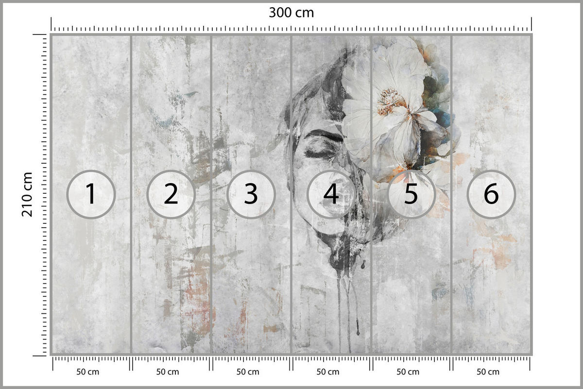 FOTOTAPETE für Schlafzimmer Frau Porträt Blume Beton Abstraktion 300x210 - Blau/Orange, Papier (300/210cm) - Muralo