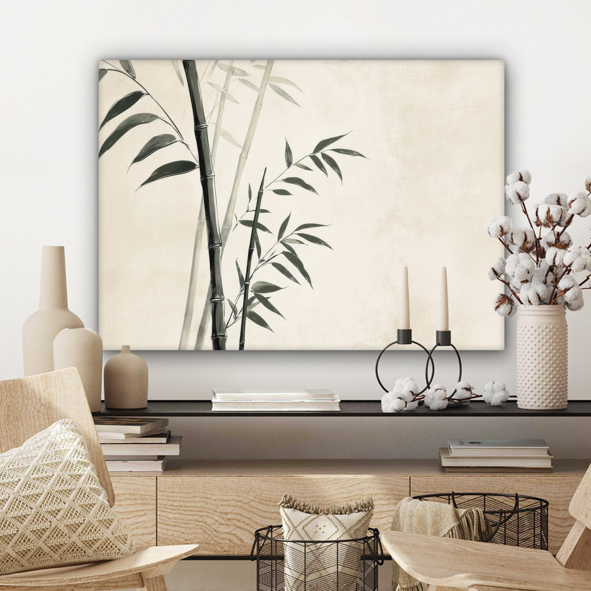 LEINWANDBILD Japandi - Bambus - Beige Wandbilder 80x60 cm - Eukalyptusholzfarben, Textil (80/60cm) - MuchoWow