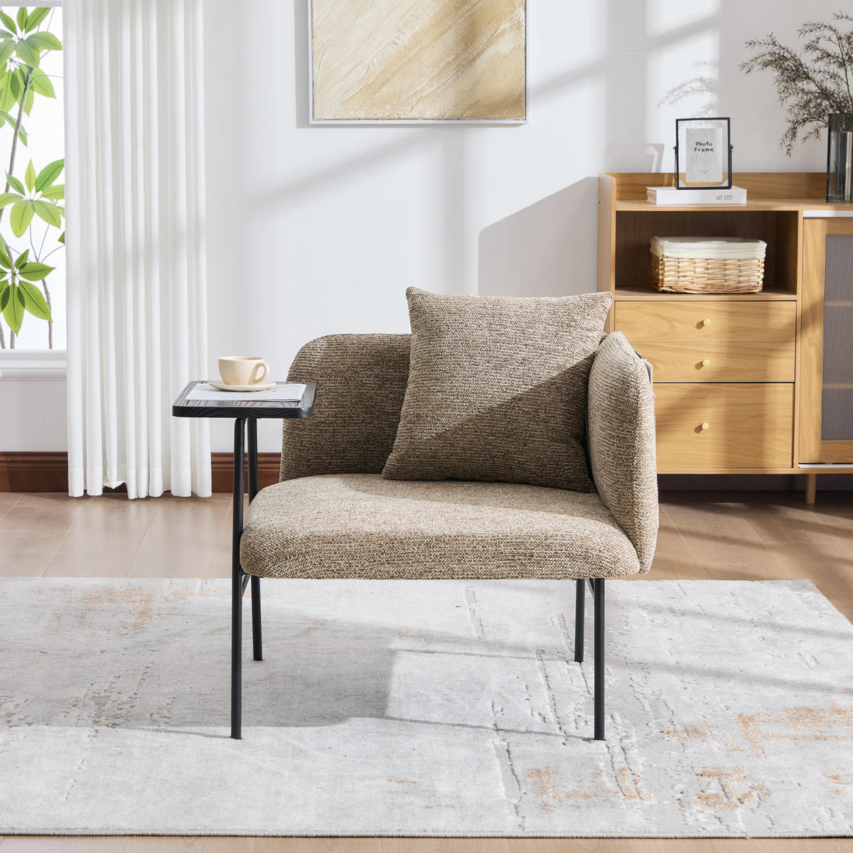 SESSEL mit Beistelltisch und Seitentaschen, Polstersessel Wohnzimmer, Khaki - Cappuccino, Textil (64/71/64cm) - PARAFTA HOME