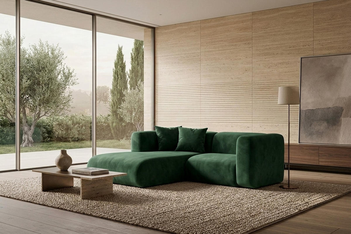ECKSOFA L-Form mini, Velvet-Stoff Bluvel, Grün, Links, GRETA - Grün, Holz (226/179cm) - Kaiser Möbel