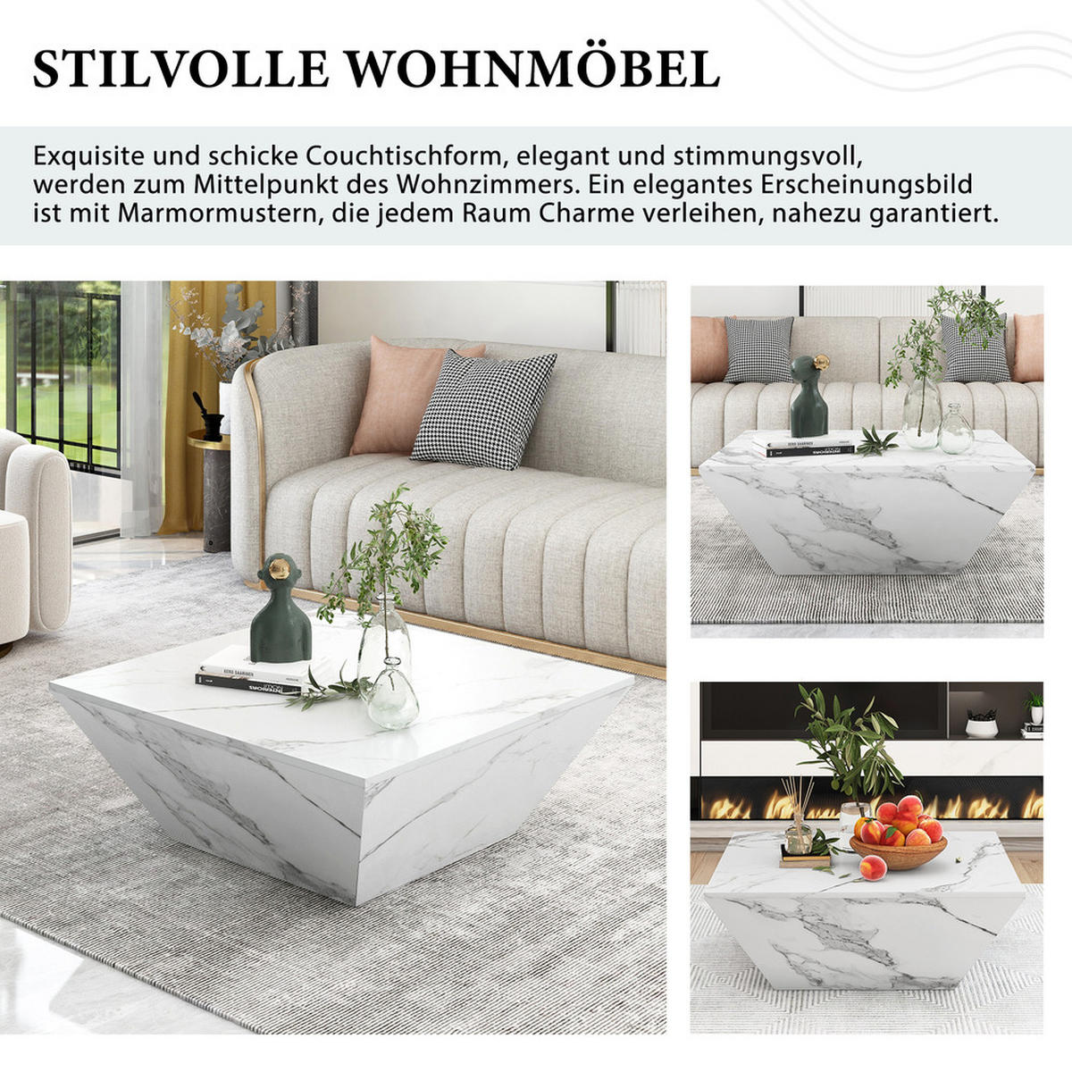 COUCHTISCH 70x70cm Weiß Trommelform Marmoroptik Trapezförmig Modern - Weiß, Holz (87/77/13cm) - FLIEKS