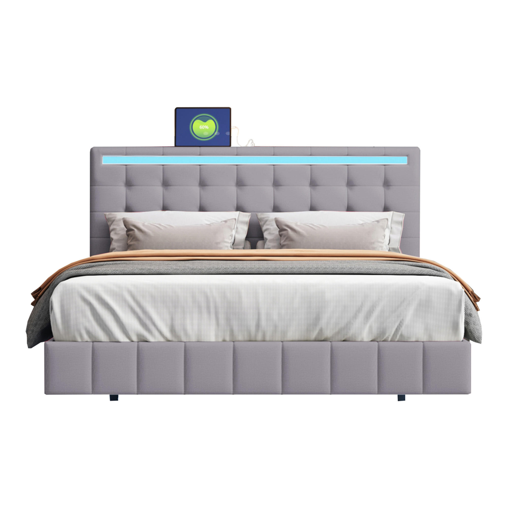 POLSTERBETT 160x200 cm mit LED und USB, Doppelbett mit Lattenrost und Kopfteil höhenverstellbares, Leinenbezug, Grau - Grau, Holz/Textil (160/200cm) - GENKI LIVING