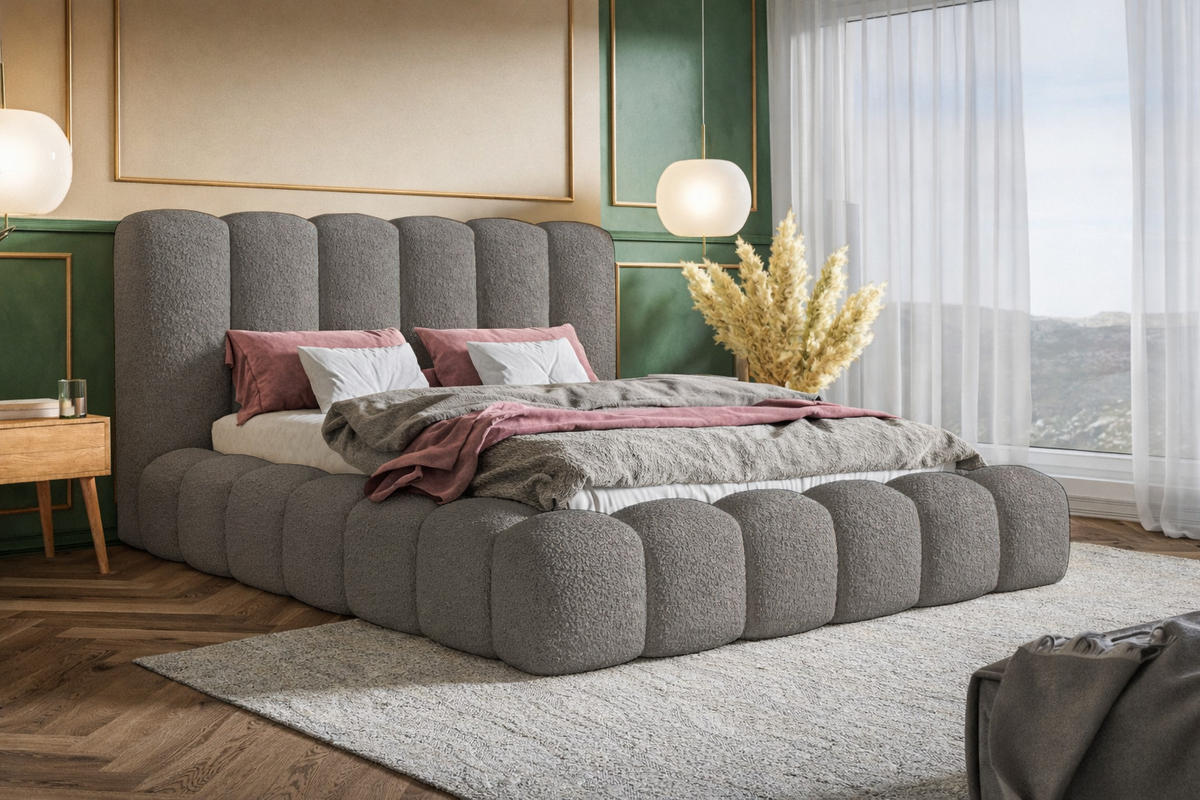 POLSTERBETT 140x200 Madeno mit Bettkasten, Boucle, Grau - Grau, Holz/Textil (140/200cm) - Emporius