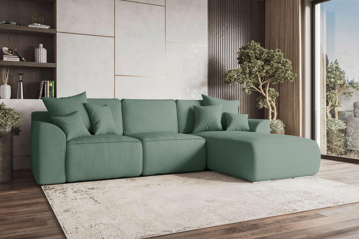 ECKSOFA GUSTO Strukturstoff Salbeigrün Rechts inkl. Schlaffunktion - Chromfarben/Salbeigrün, Kunststoff/Textil (295/194cm) - 99rooms