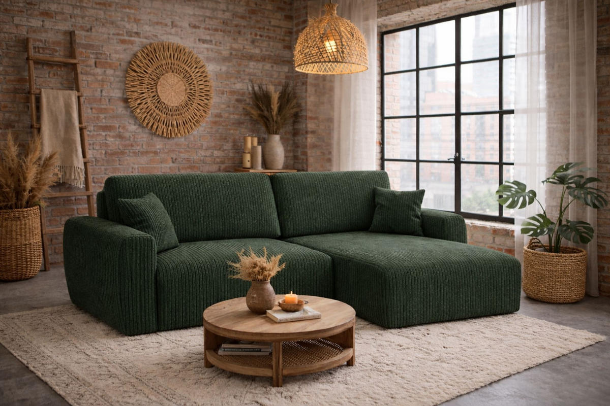 ECKSOFA Mit Schlaffunktion, Ariel XL, Cordstoff, Stoff Poso, Grün, Rechts - Grün, Holz (280/142cm) - Kaiser Möbel