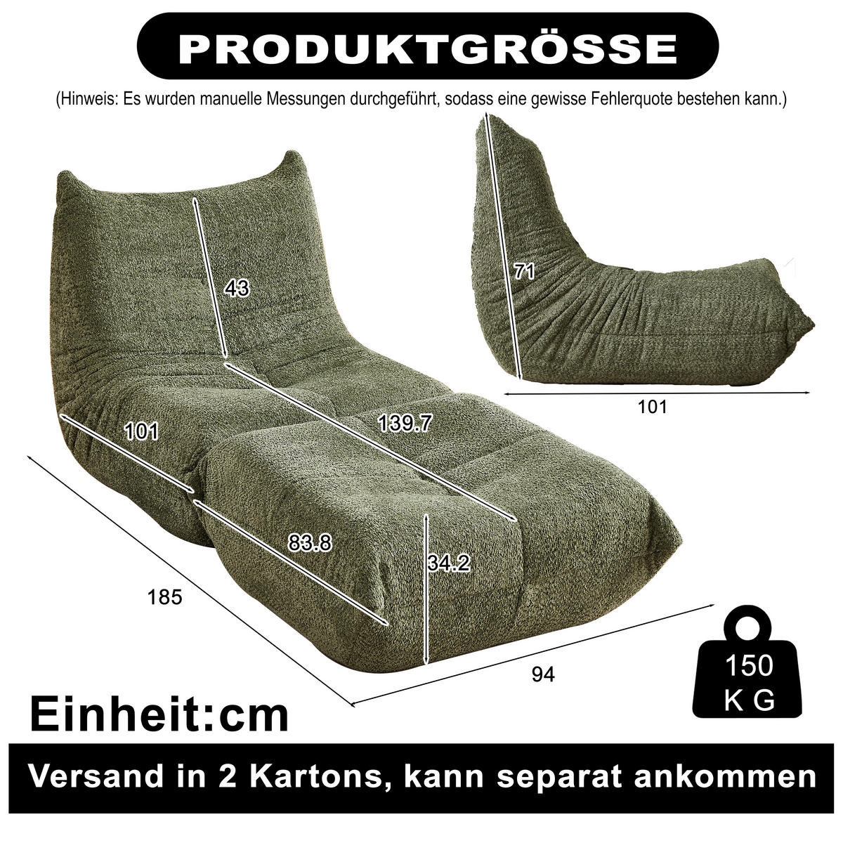 SITZSACK Chenille Grün - Grün, Textil (94/71/185cm) - WISHDOR