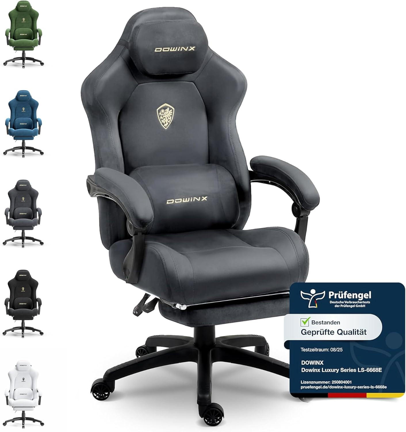 GAMING-STUHL Mikrofaser-Velours & Lendenkissen, Fußstütze 160° Neigbar - Grau, Leder (70/132/70cm)