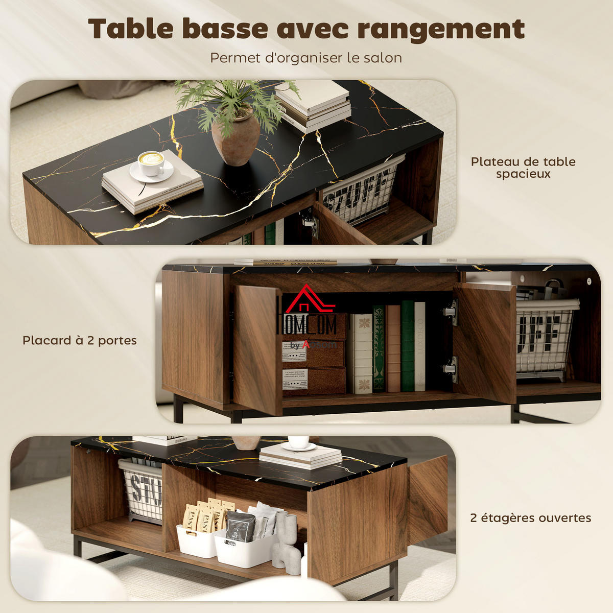 COUCHTISCH DE-15801 mit 2 Türen & 2 offenen Fächern Nussbaum - Walnussfarben, Holzwerkstoff (100/50.8/45.7cm) - ComfortXL