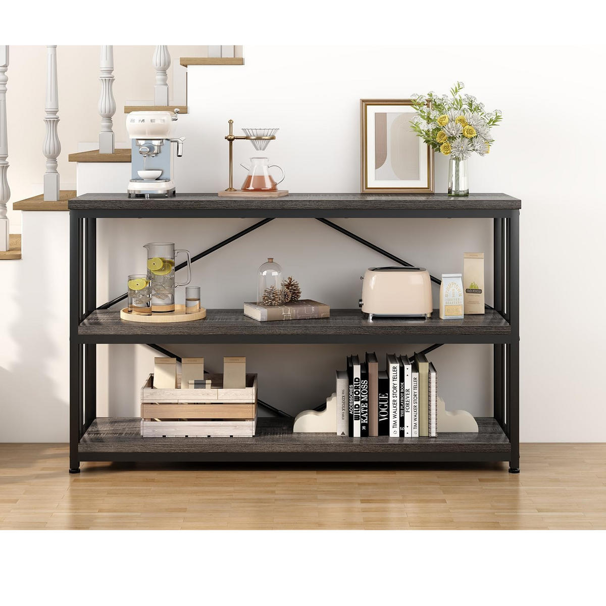 KONSOLENTISCH Metall Holz Industrial Design 160 x 34 x 74 cm - Dunkelgrau, Holzwerkstoff/Metall (160/74/34cm) - Quality Elegance