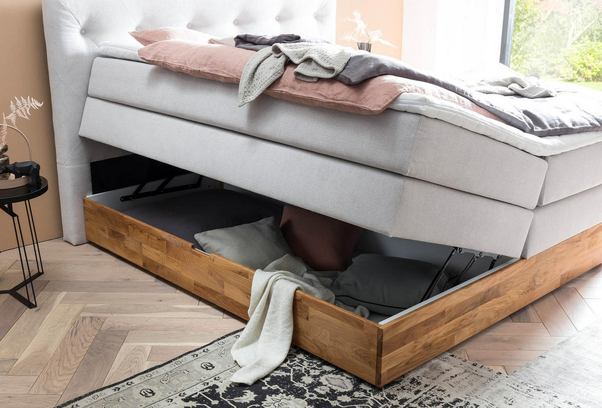 BOXSPRINGBETT MARBO 160x200 Weissgrau H2 und H3 mit Bettkasten 7-Zonen Taschenfederkern Matratze inkl. Visco Topper und Eiche - Weiß, Textil (160/200cm) - Belanoti